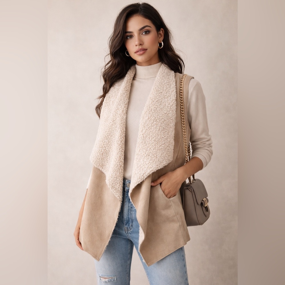 FDJ French Dressing Faux Shearling Open Front Vest Cream Beige Sz S